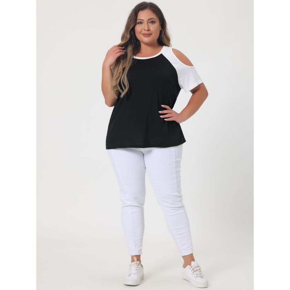 Plus Size Contrast Short Sleeve Cold Shoulder Shirts Tops Summer Blouse Black - Picture 3 of 5